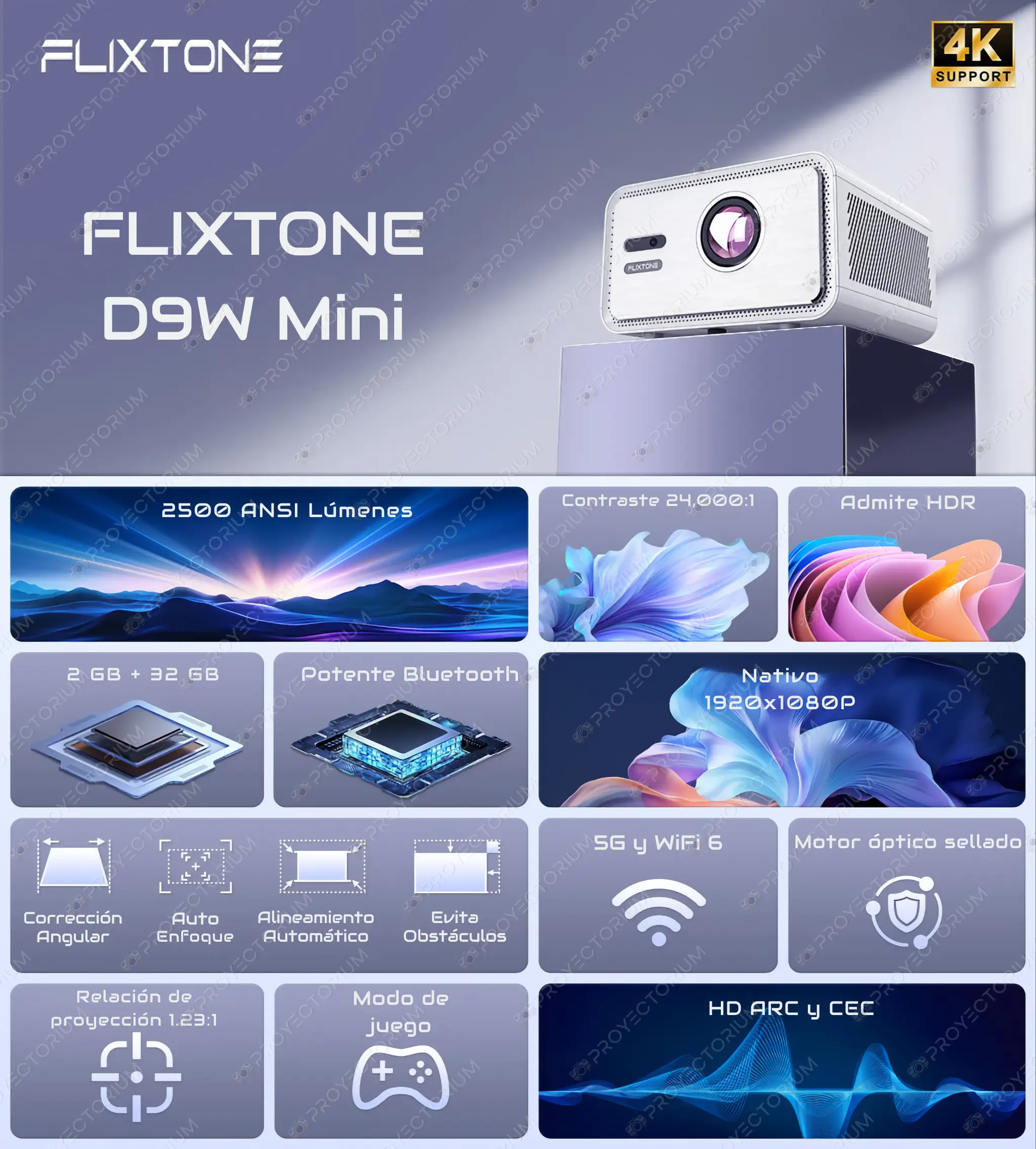 Proyector Flixtone D9W Mini - 4K / 2500 ANSI Lúmenes / Android / Enfoque Automático / HDR Flixtone_D9W_Mini.02 - 📽️ Proyector Flixtone D9W Mini 4K - 2500 ANSI lúmenes, HDR y Android