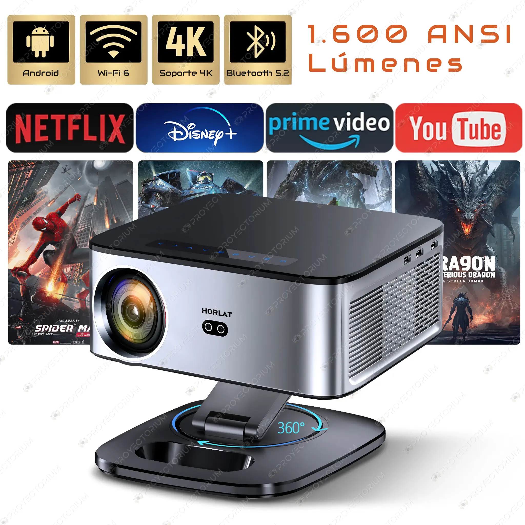 Proyector HORLAT T9N - 8K / 1600 ANSI Lúmenes / Android / Enfoque Automático HORLAT_T9N.03 - 📽️ Proyector HORLAT T9N - 8K / 1600 ANSI Lúmenes / Android / Netflix